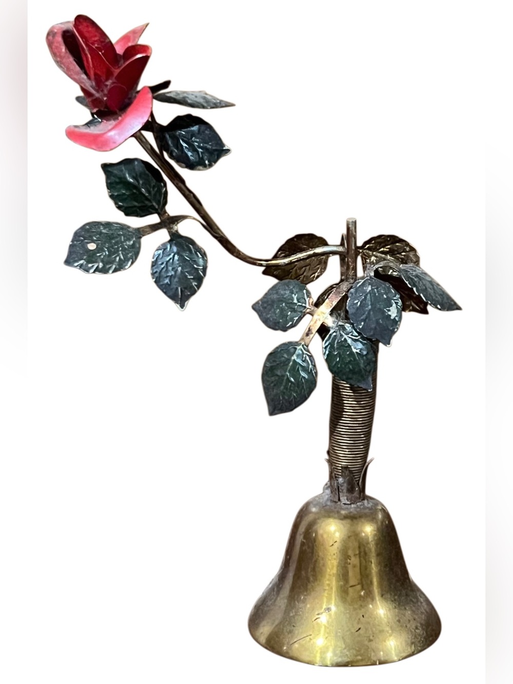 Delicate Vintage Bell with Green Leaf Branch and Faded Red Rose Accent